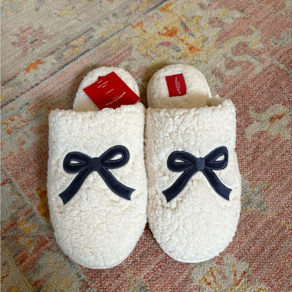 White Slippers with Navy bows